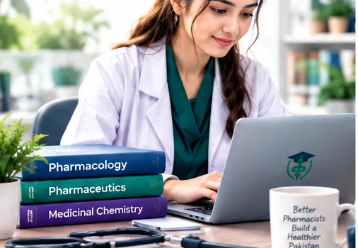A Pharm-D student practising MCQs on a laptop, with pharmacy textbooks stacked beside her.